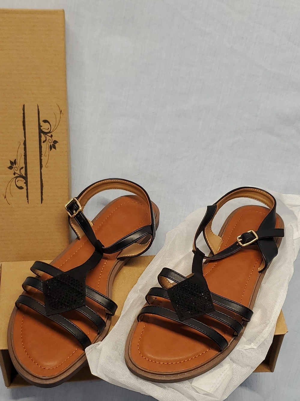 Women’s Black Strappy T‑Bar Sandals with Buckle
